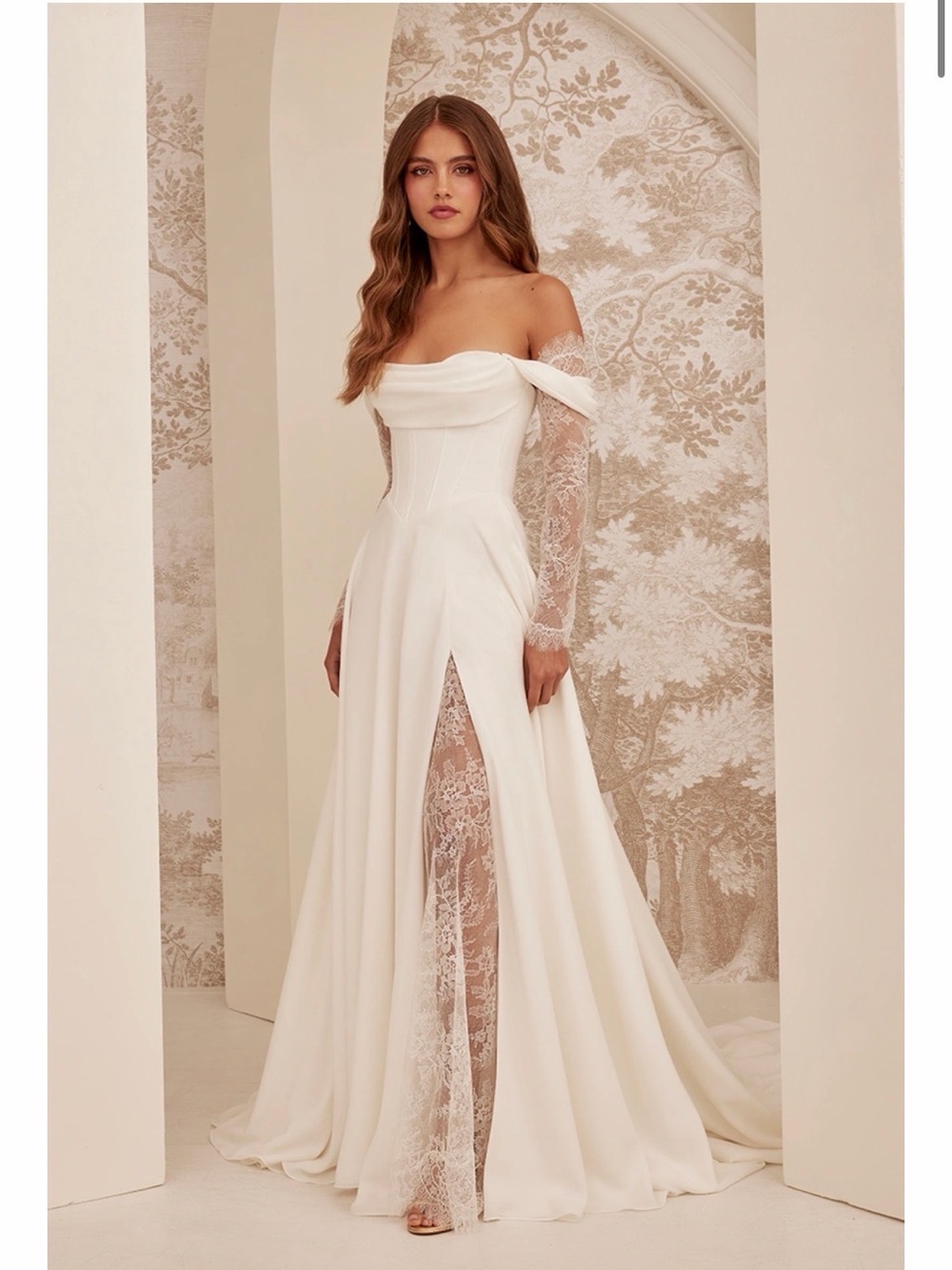 Off-Shoulder White Lace Sleeve Bridal Gown